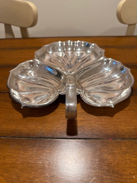 Vintage silver plated three section serving dish with handle.