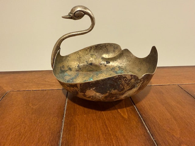 Large brass swan trinket dish with patina.