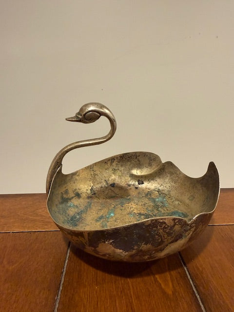 Large brass swan trinket dish with patina.