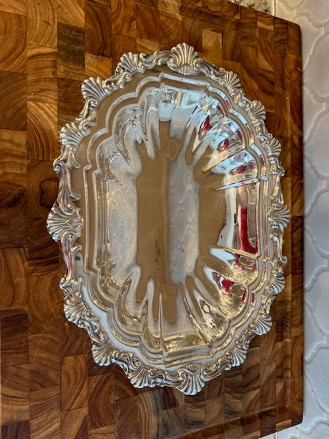 Gorham silver plated oval serving tray with decorative rim and feet.
