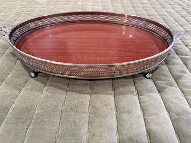 Vintage Cresent modern silver-plated oval bar tray with faux wood grain