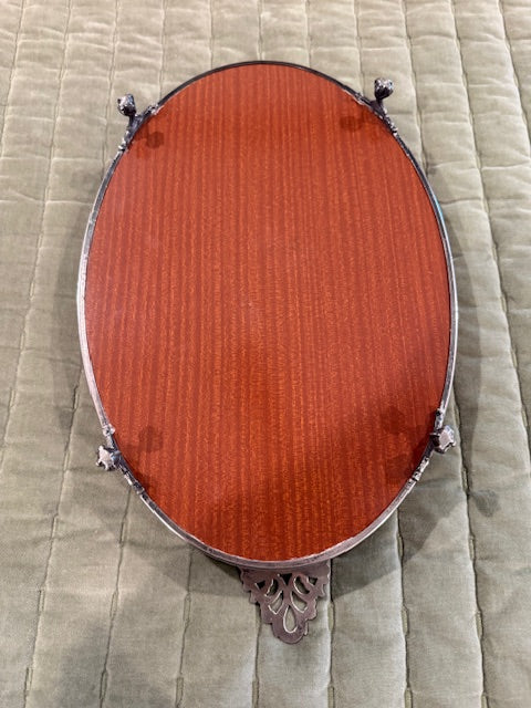 Vintage Cresent modern silver-plated oval bar tray with faux wood grain
