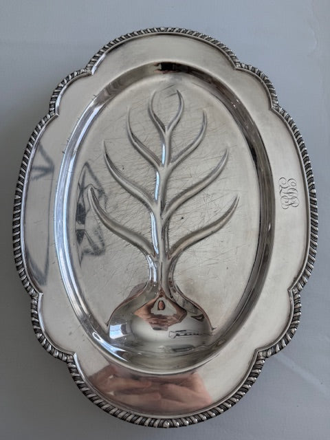 Wallace, vintage engraved silver plated footed oval meat serving platter with well and tree design.