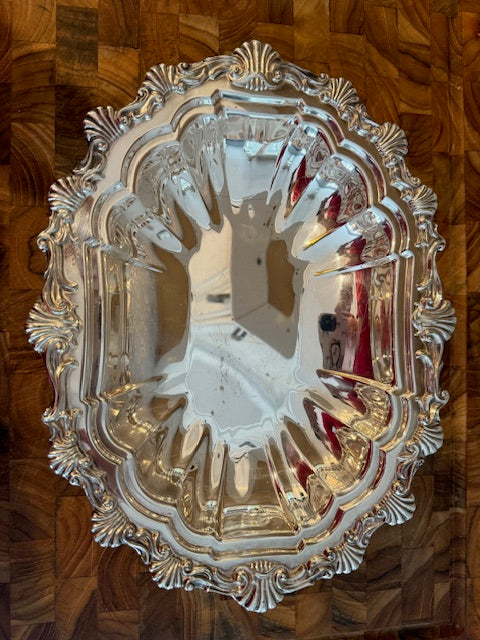 Gorham silver plated oval serving tray with decorative rim and