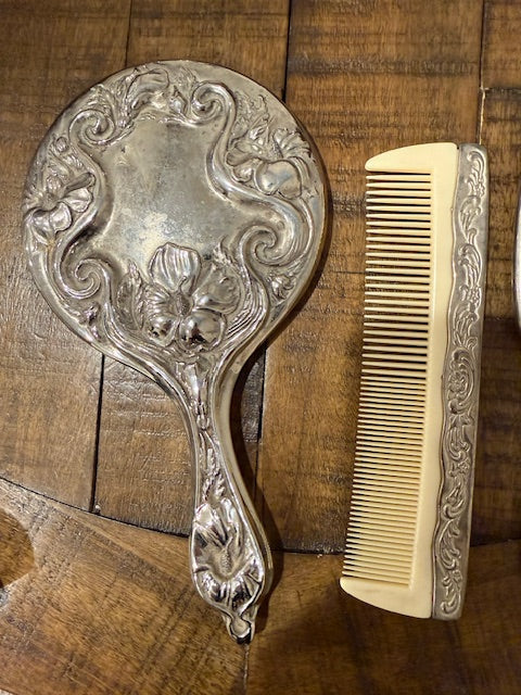 Ornate Vanity Set with Comb, Brush, and Mirror.