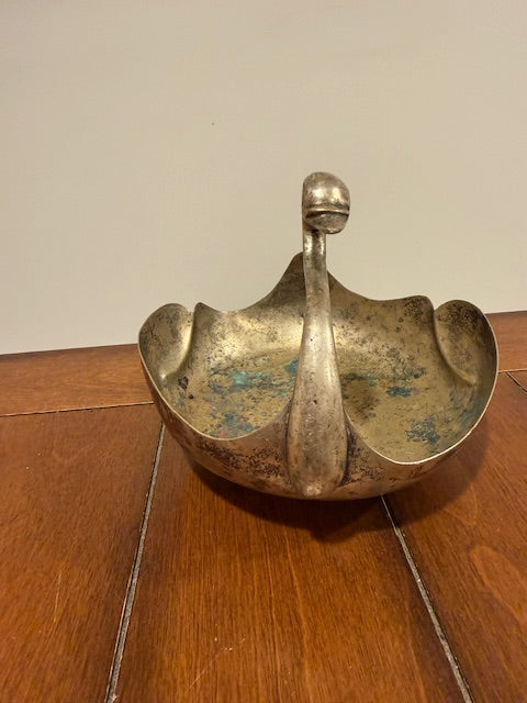 Large brass swan trinket dish with patina.