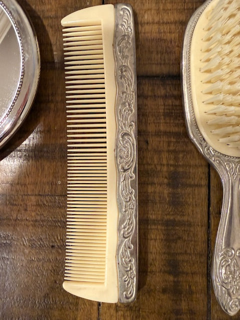Ornate Vanity Set with Comb, Brush, and Mirror.