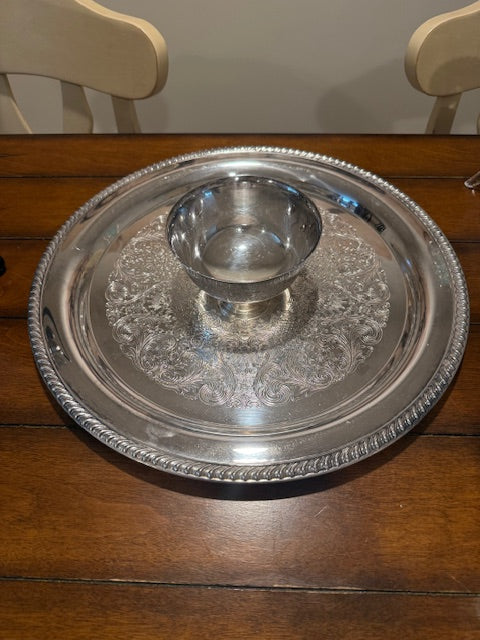Vintage Silver Plated Chip and Bowl Serving Platter. (bowl attached) polished
