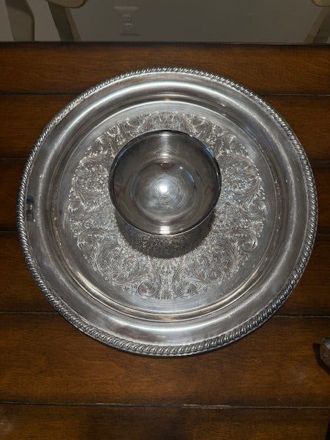 Vintage Silver Plated Chip and Bowl Serving Platter. (bowl attached) polished