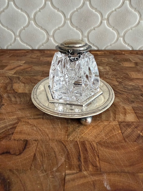 Waterford vintage crystal inkwell with sterling silver or silverplated hinged lid on chain.