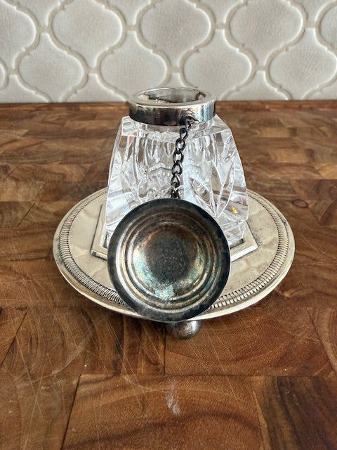 Waterford vintage crystal inkwell with sterling silver or silverplated hinged lid on chain.