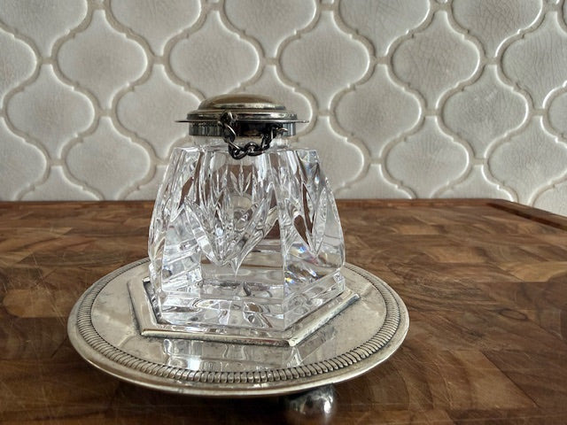 Waterford vintage crystal inkwell with sterling silver or silverplated hinged lid on chain.