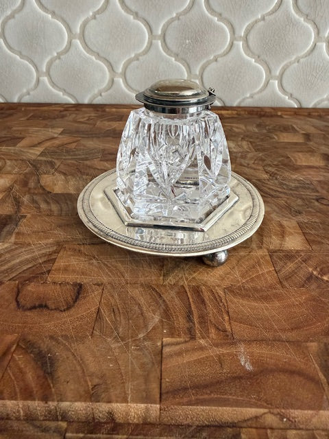 Waterford vintage crystal inkwell with sterling silver or silverplated hinged lid on chain.
