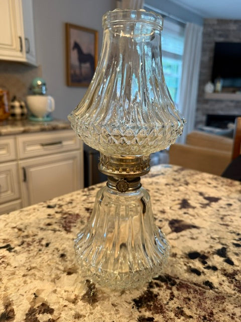 Clear pressed glass vintage Lamplight Farms Bordeaux glass oil lamp.