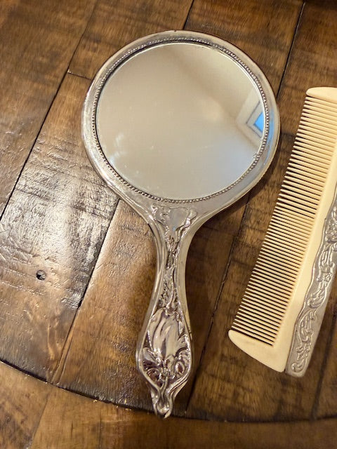 Ornate Vanity Set with Comb, Brush, and Mirror.