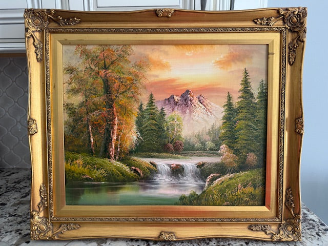 Hand painted oil on canvas large, framed signed picture with hardware.