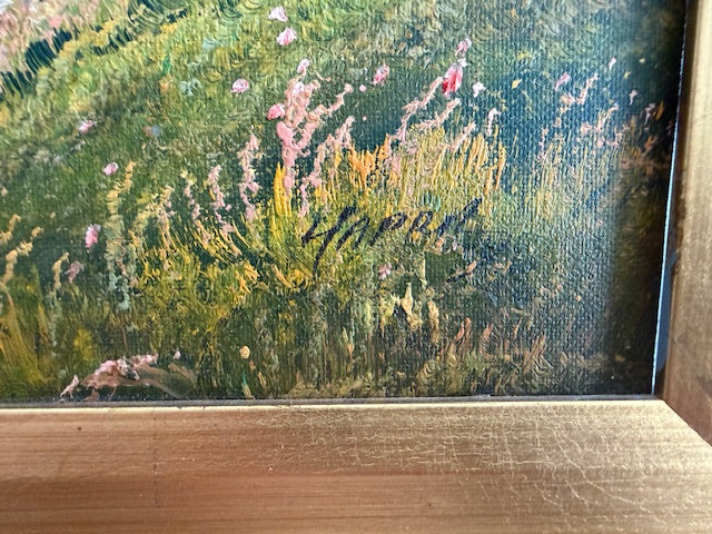 Hand painted oil on canvas large, framed signed picture with hardware.