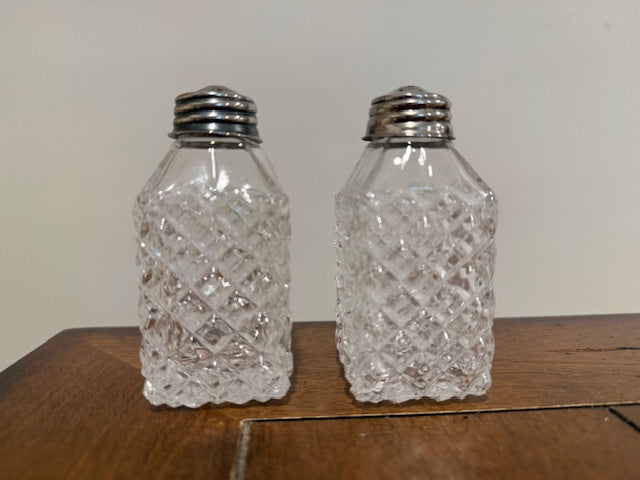 Vintage crystal salt and pepper shakers with diamond pattern
