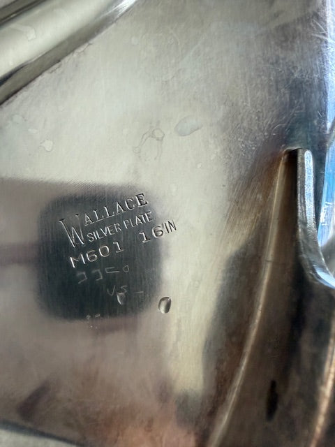 Wallace, vintage engraved silver plated footed oval meat serving platter with well and tree design.