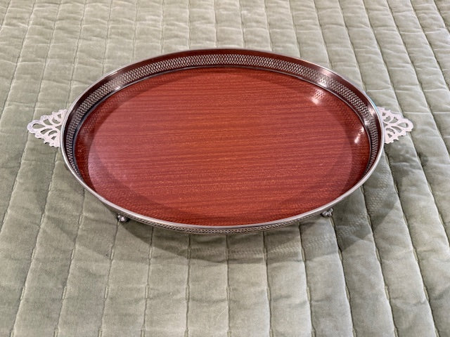 Vintage Cresent modern silver-plated oval bar tray with faux wood grain